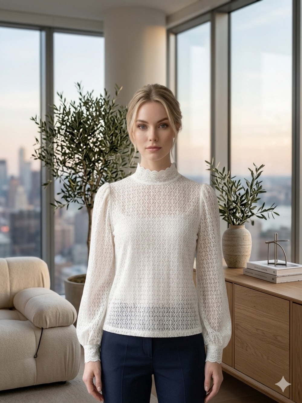 LOFT White Lace Mock-Neck Blouse with Puff Sleeves